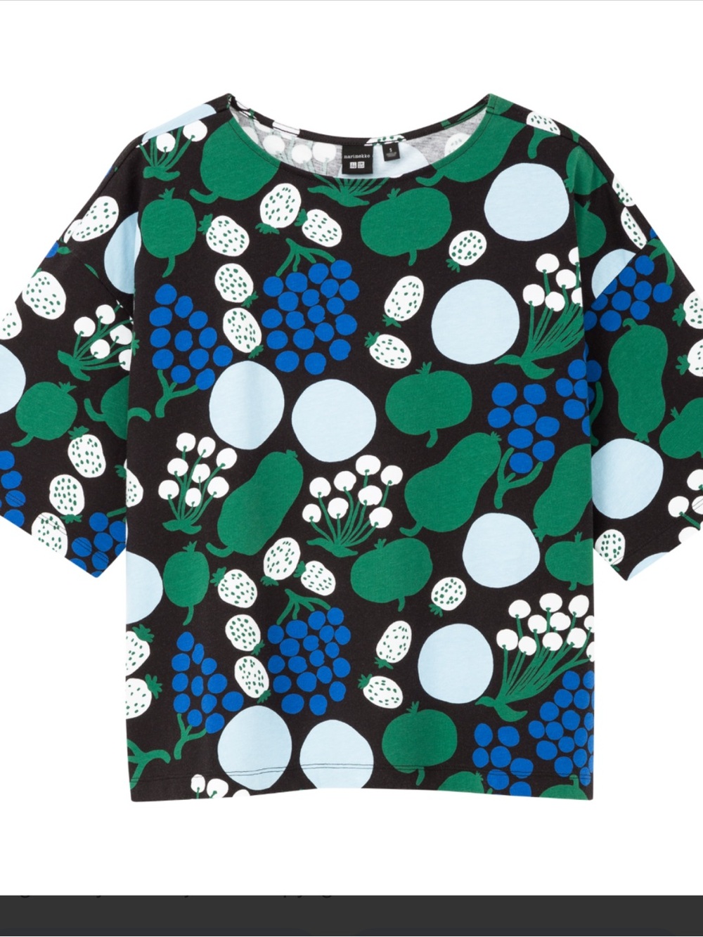 Marimekko Black Graphic Crop Top with Blue & Green Motif